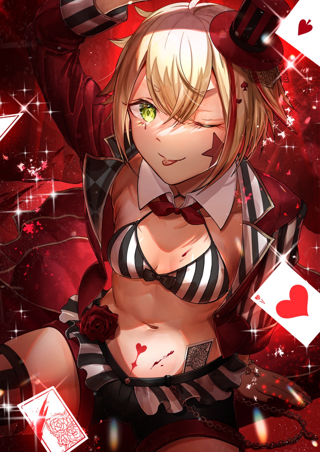 blood bra open_shirt sanbon_hijiki tattoo thighhighs