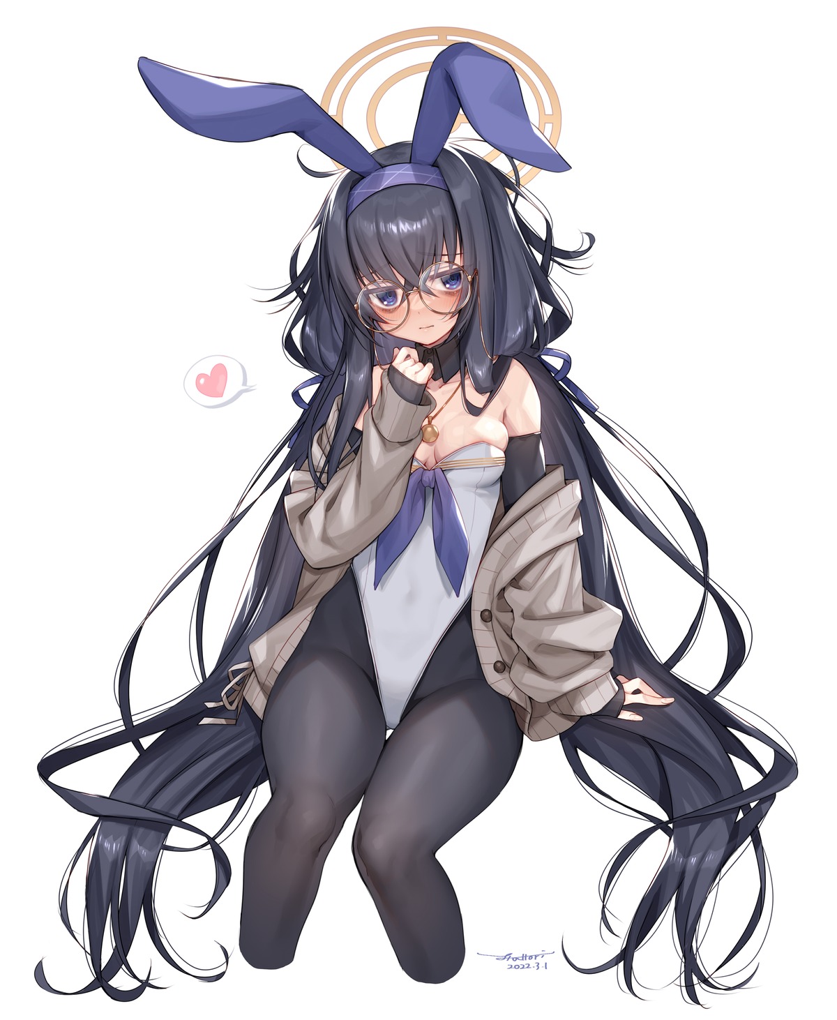 animal_ears blue_archive bunny_ears bunny_girl halo hattori_masaki kozeki_ui megane no_bra pantyhose sweater