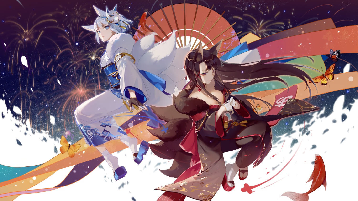 akagi_(azur_lane) animal_ears azur_lane kaga_(azur_lane) kimono kitsune open_shirt tail umbrella wallpaper zhibuji_loom