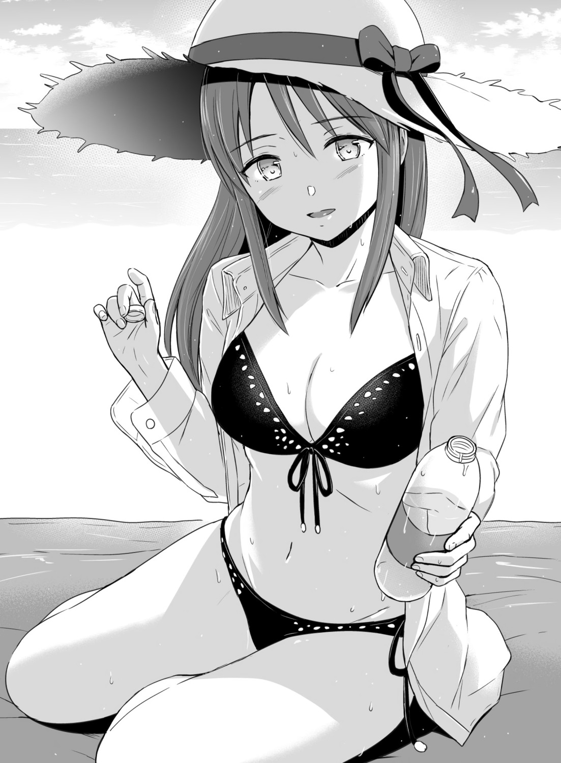 bikini cleavage dress_shirt monochrome open_shirt reco swimsuits