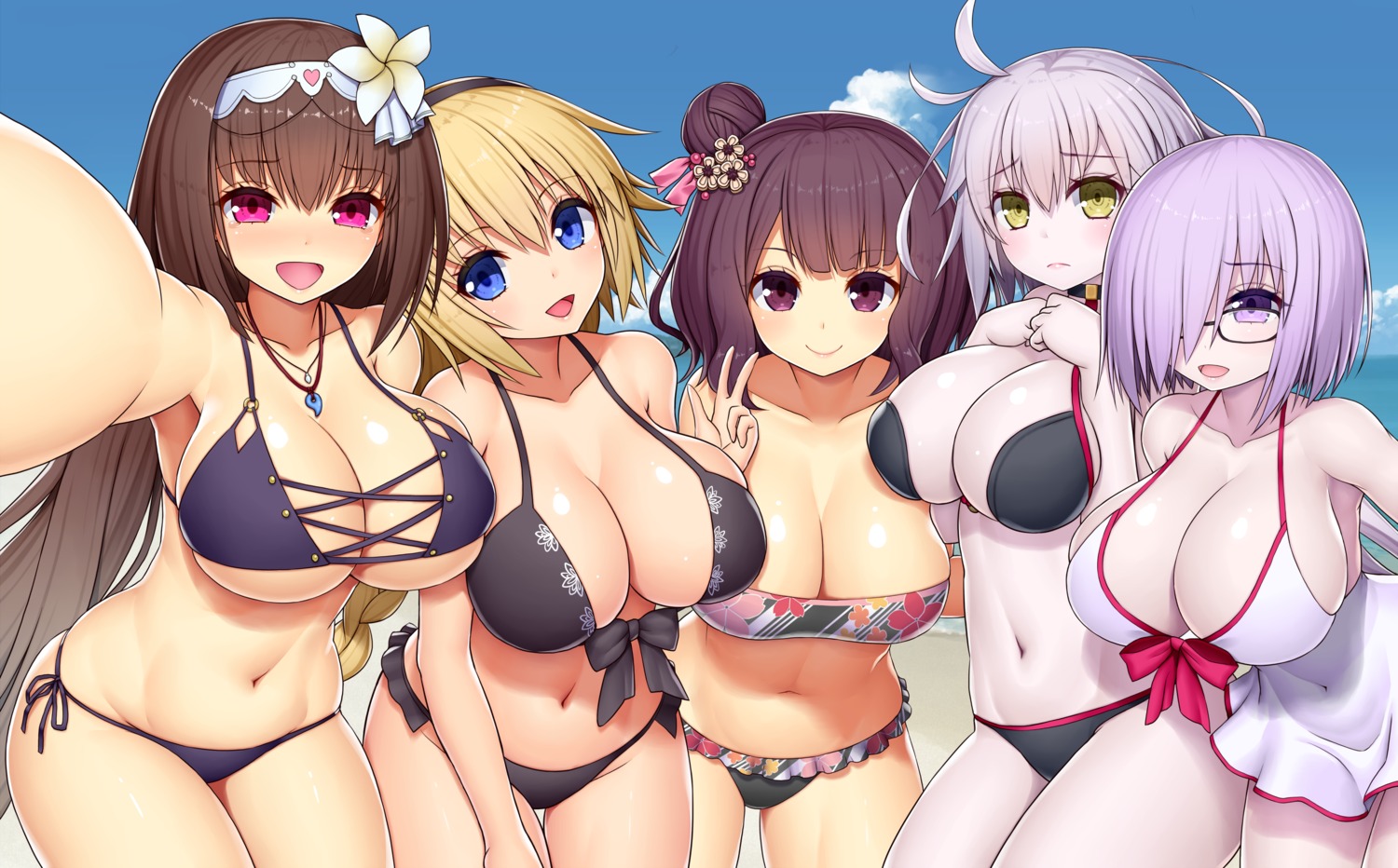 asamura_hiori bikini cleavage fate/grand_order jeanne_d'arc jeanne_d'arc_(alter)_(fate) jeanne_d'arc_(fate) katsushika_hokusai_(fate) mash_kyrielight megane osakabe-hime_(fate/grand_order) swimsuits underboob