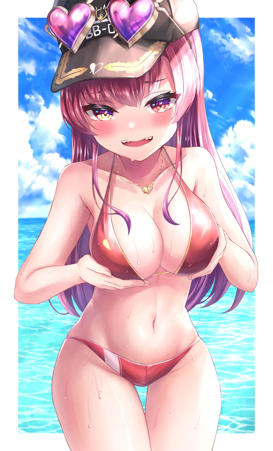 bikini breast_hold heterochromia hololive houshou_marine karashi_(asarikarasi) megane swimsuits wet