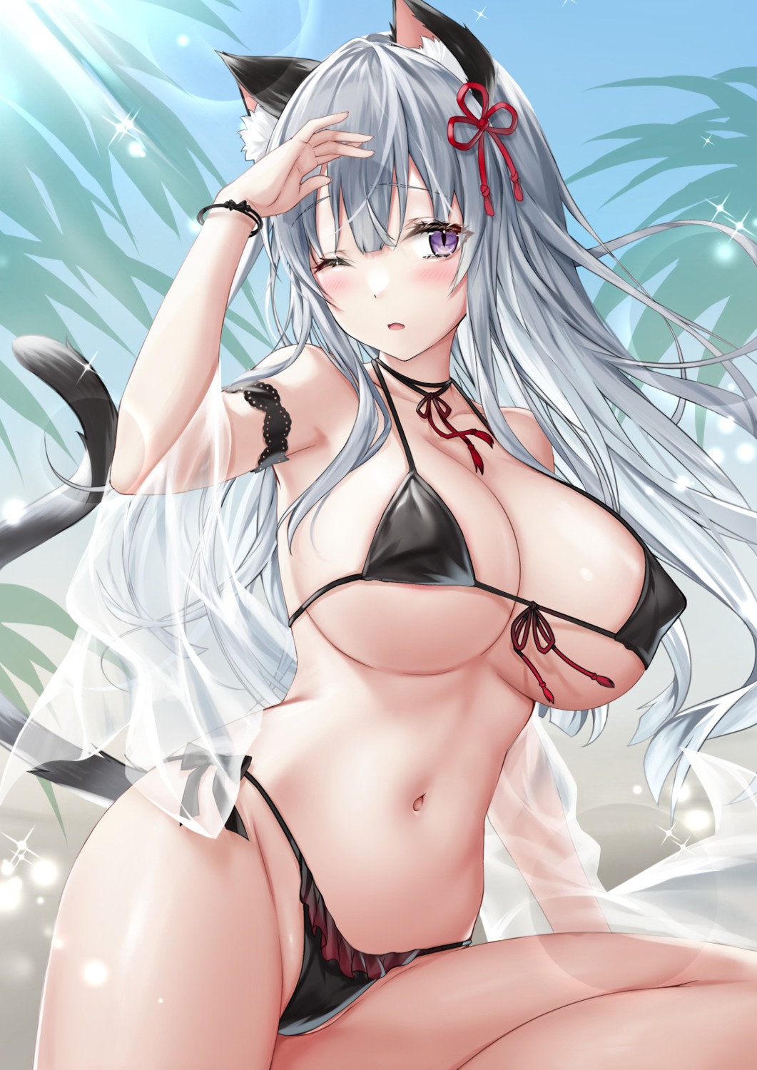 animal_ears bikini erect_nipples kyariko nekomimi open_shirt see_through swimsuits tail