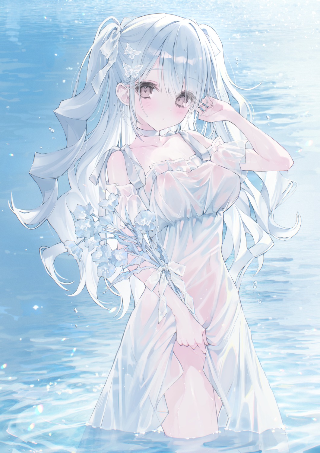 dress noah_(0noah) see_through skirt_lift summer_dress wet wet_clothes