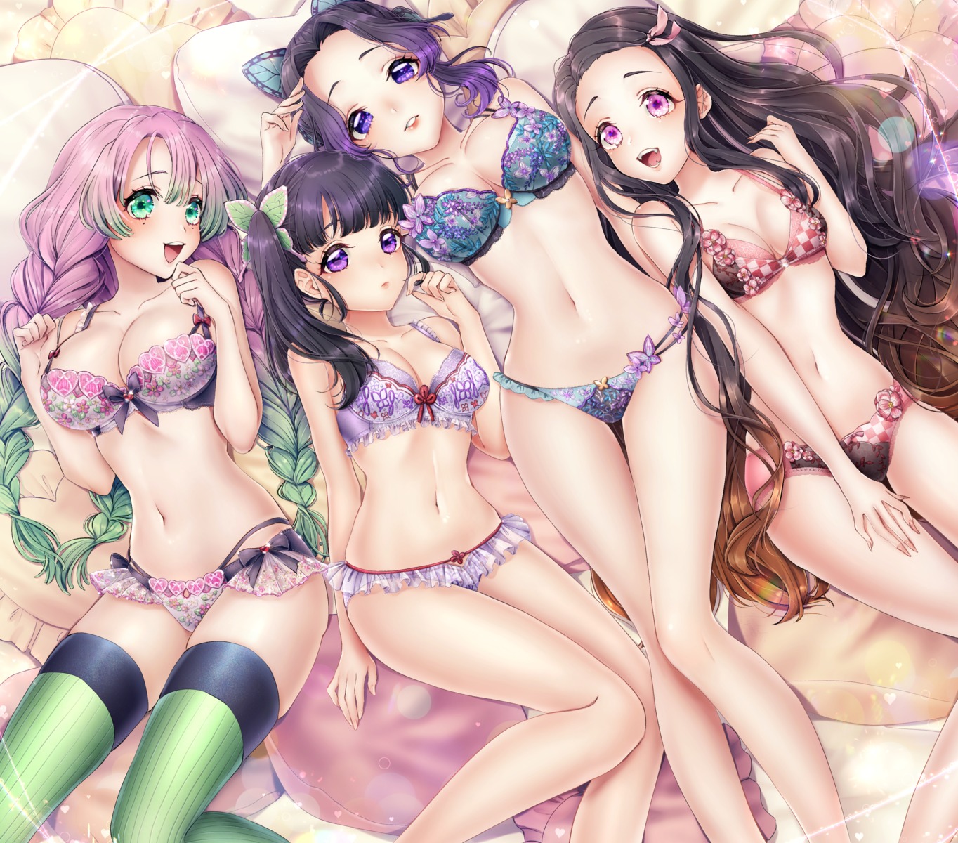 bra cleavage garter_belt kamado_nezuko kanroji_mitsuri kimetsu_no_yaiba kochou_shinobu lingerie pantsu stockings suuzuki_ayato thighhighs tsuyuri_kanao