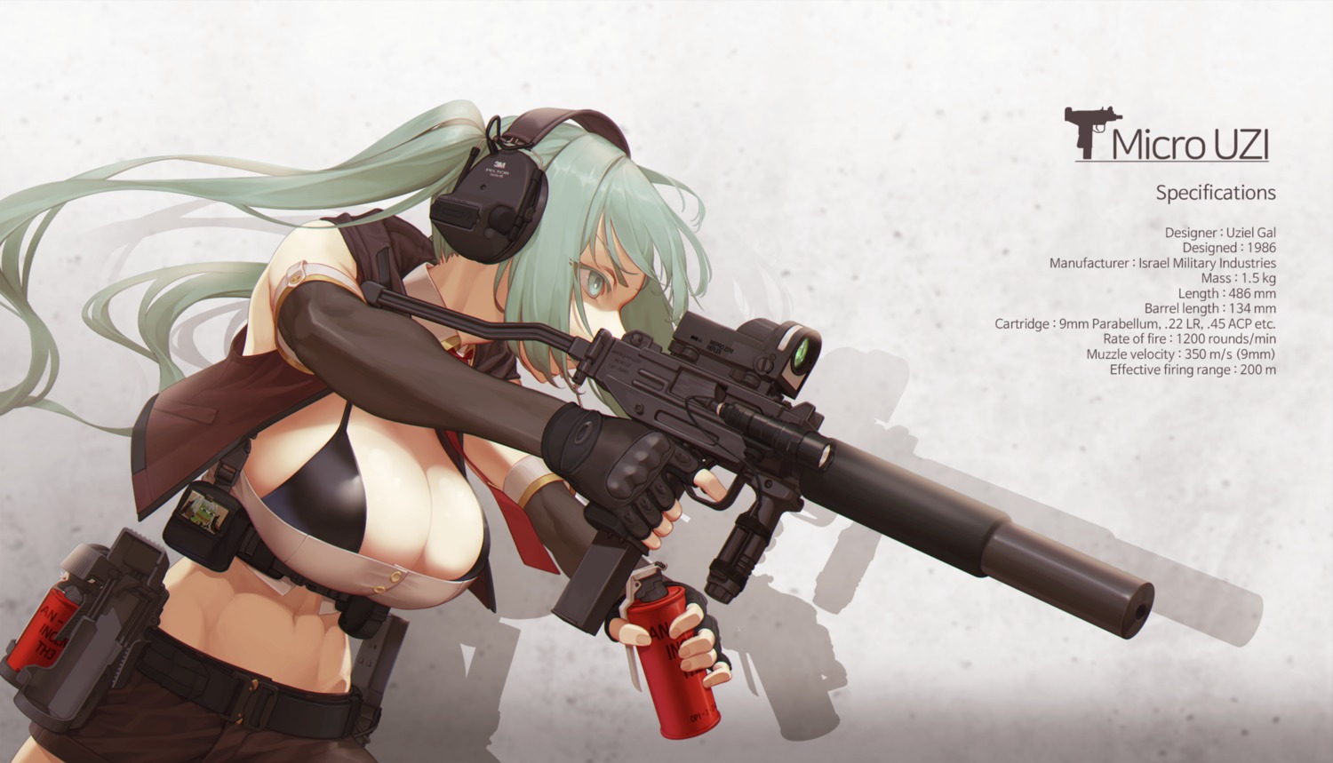 aronman bikini_top girls_frontline gun headphones micro_uzi_(girls_frontline) swimsuits