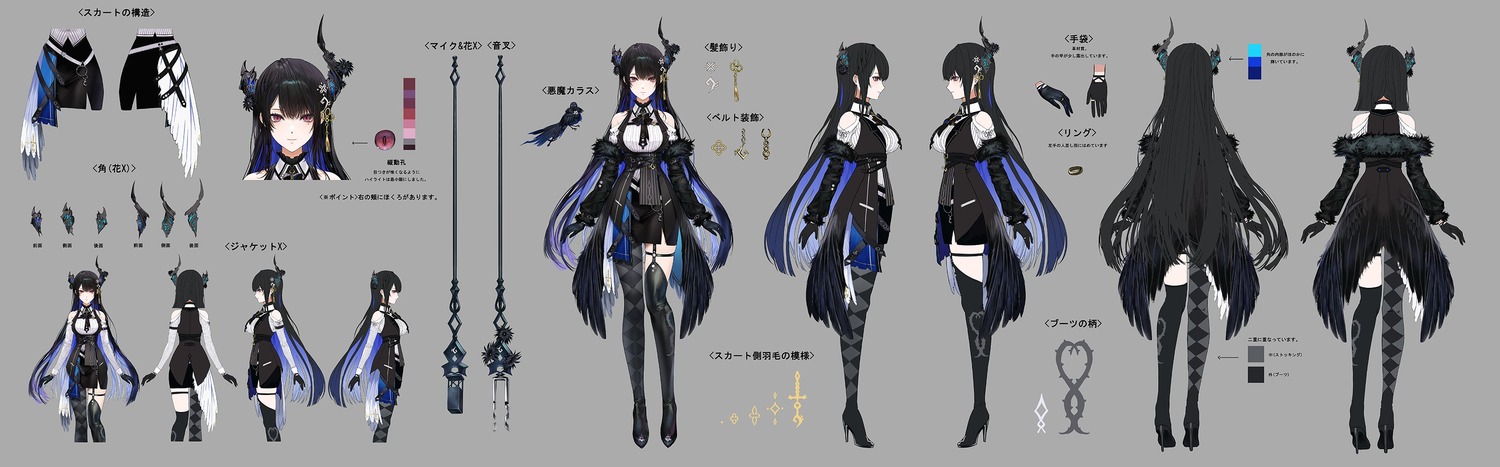 character_design garter heels hololive hololive_english horns kim_eb nerissa_ravencroft stockings thighhighs weapon wings