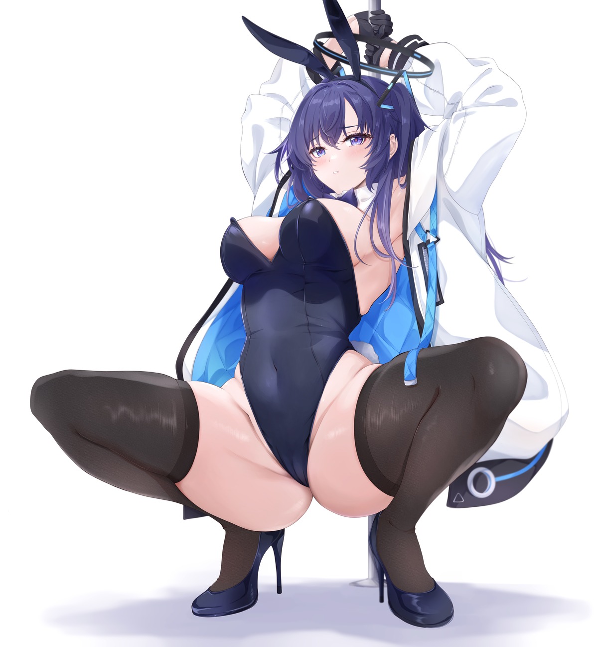 animal_ears blue_archive bunny_ears bunny_girl cameltoe halo hayase_yuuka heels no_bra thighhighs yoru0409