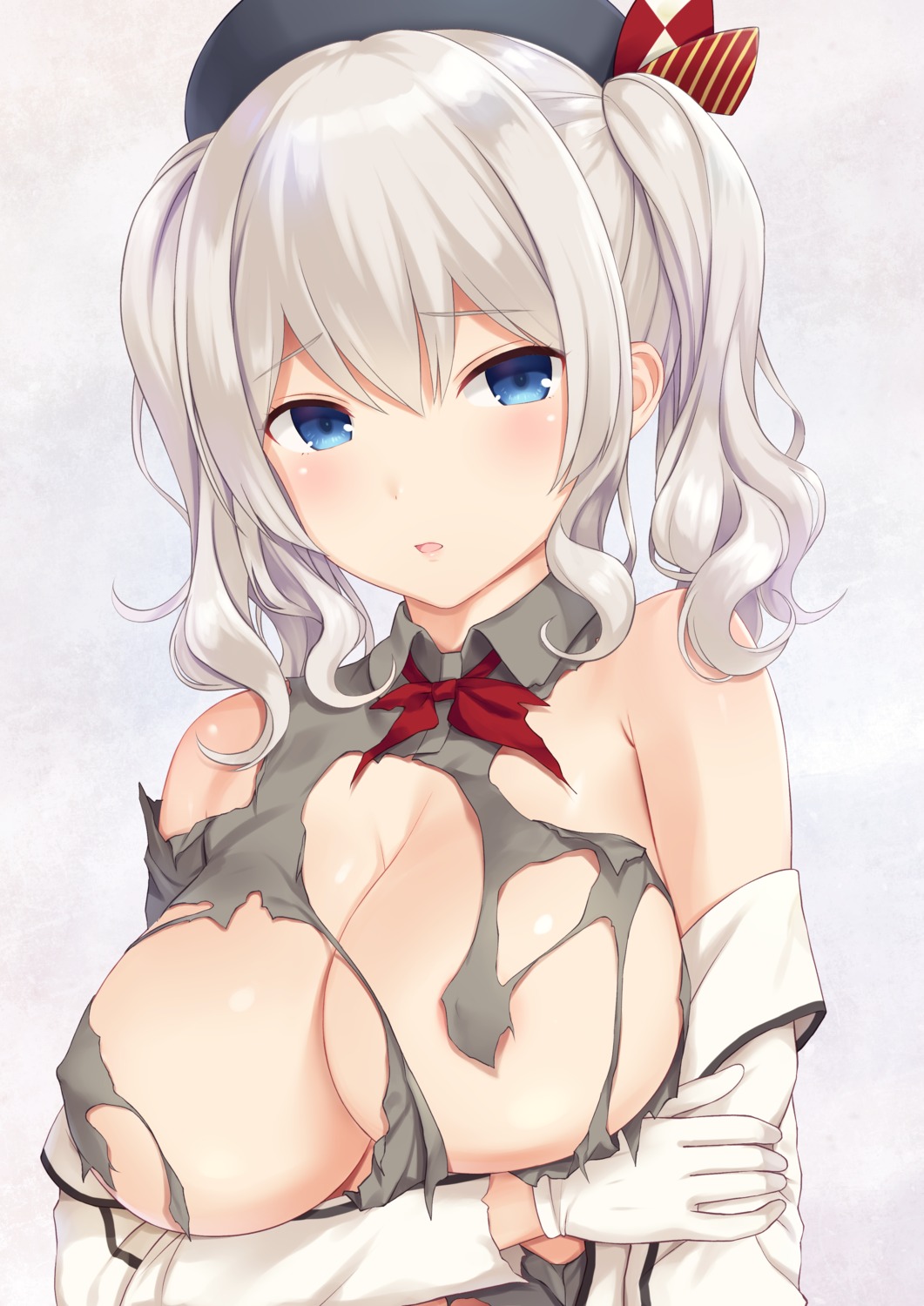 areola breast_hold erect_nipples kantai_collection kashima_(kancolle) n.g. no_bra open_shirt torn_clothes uniform