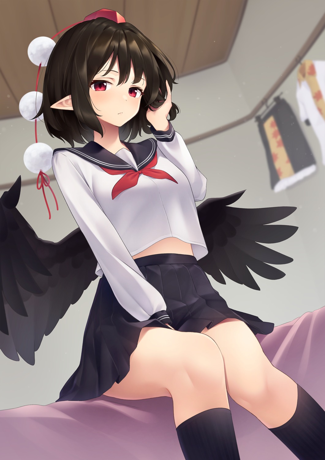 kanpa_(campagne_9) pointy_ears seifuku shameimaru_aya skirt_lift touhou wings