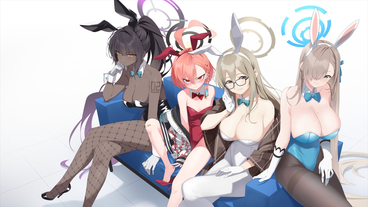 animal_ears bandaid blue_archive bunny_ears bunny_girl fishnets gulim halo heels ichinose_asuna kakudate_karin loli megane mikamo_neru murokasa_akane no_bra pantyhose tattoo wallpaper