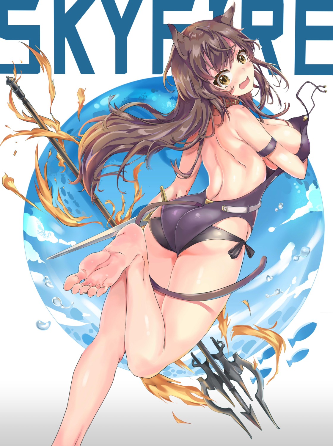 animal_ears arknights ass breast_hold feet feipin_zhanshi skyfire_(arknights) swimsuits tail wardrobe_malfunction weapon