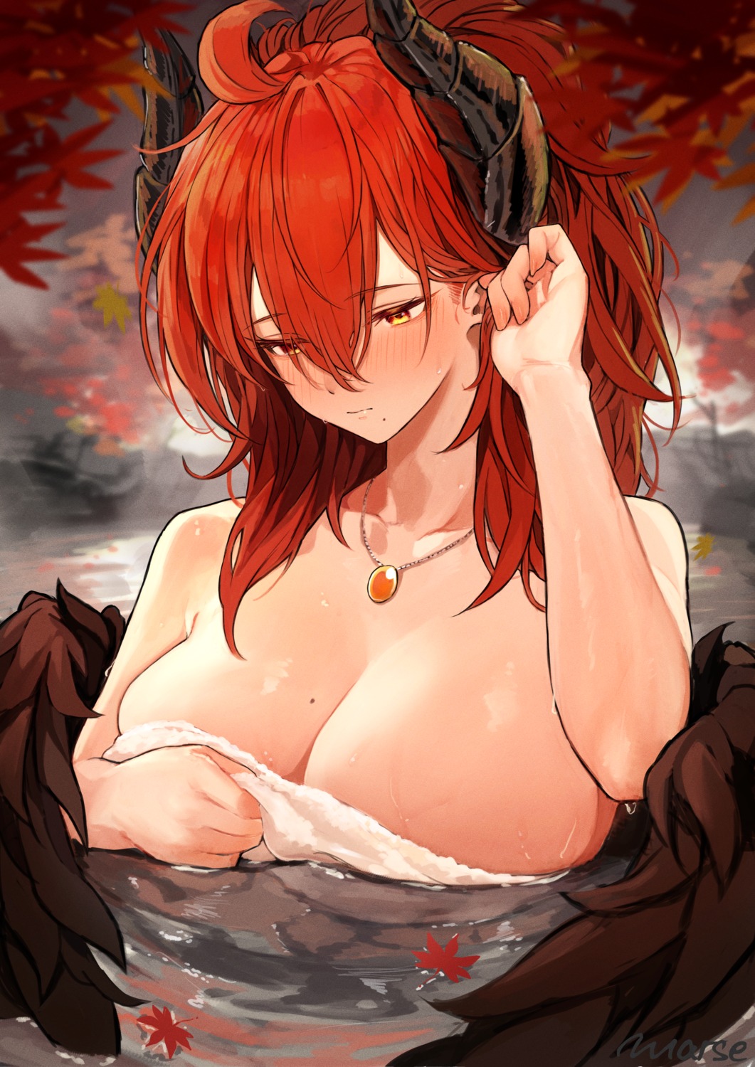 bathing breast_hold horns marse_(rokudaime) onsen towel wet wings