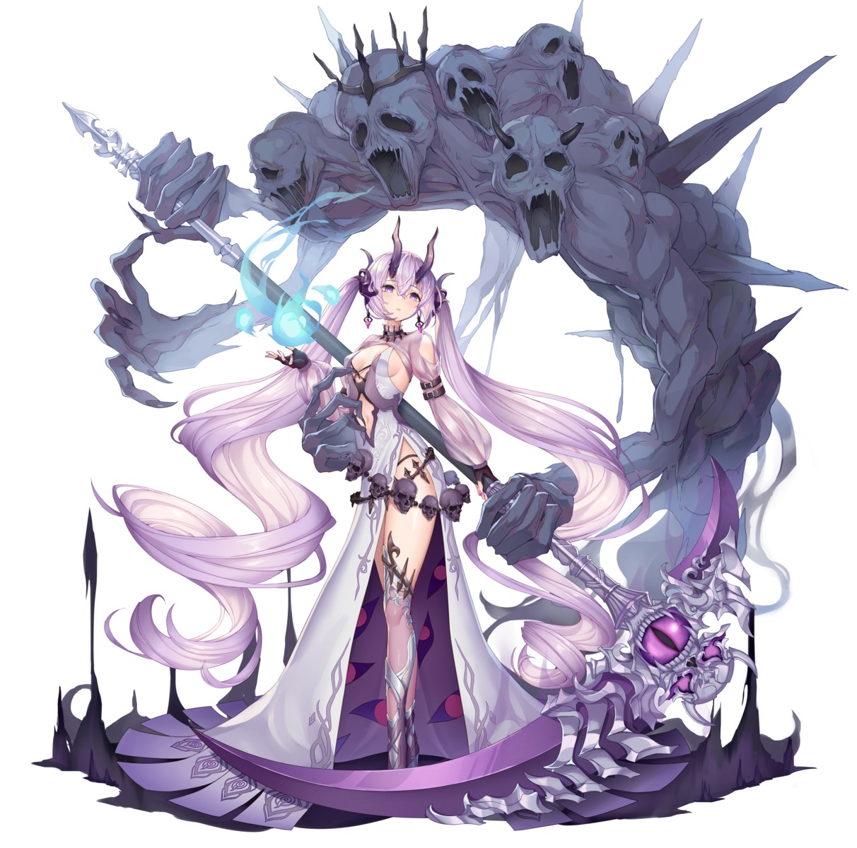 dress horns ji_dan monster no_bra thighhighs weapon