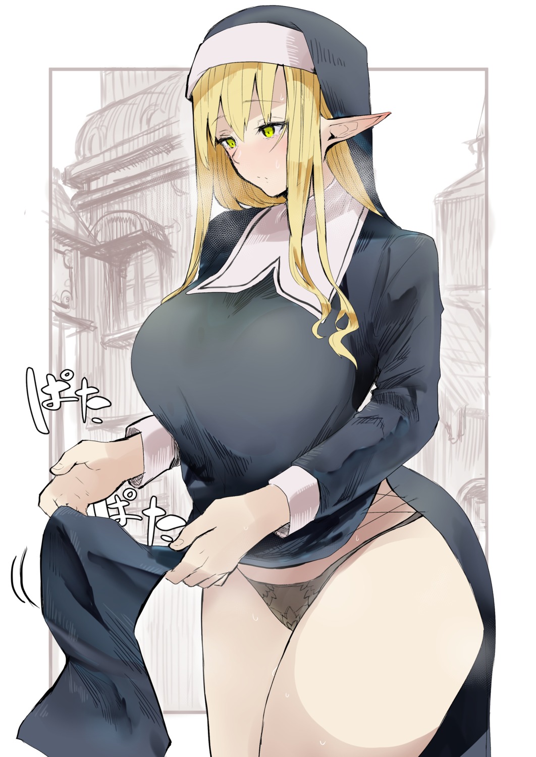 elf kyoyakyo nun pantsu pointy_ears skirt_lift