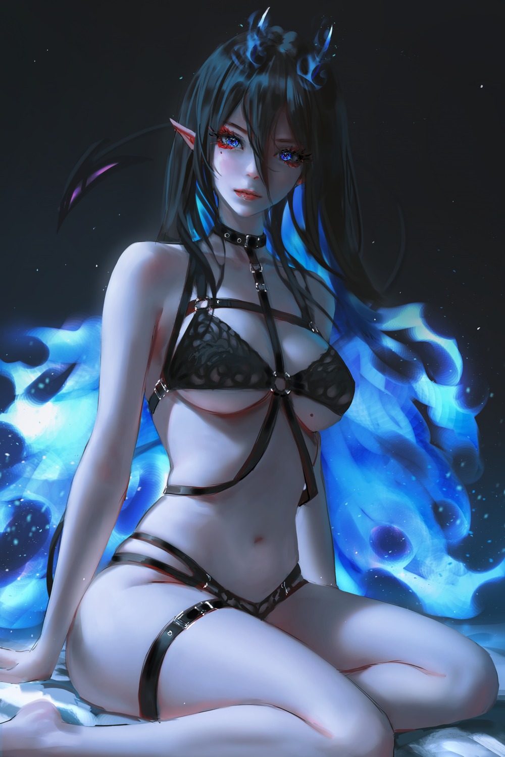 acidflare_(nixeu) bra devil garter horns lingerie nixeu pantsu pointy_ears tail