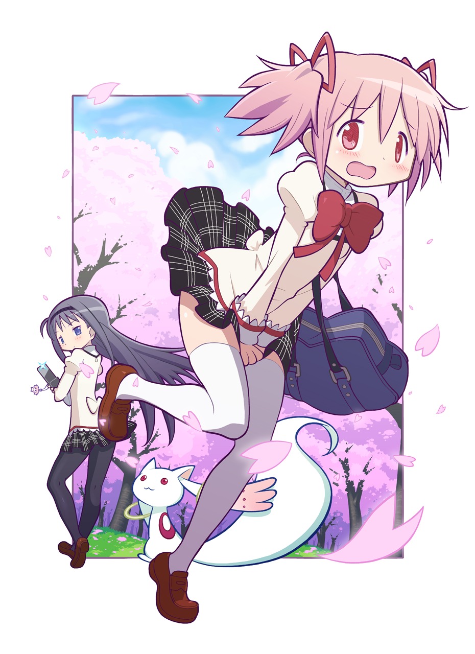 akemi_homura gecchu kaname_madoka kyubey mahou_shoujo_madoka_magica pantyhose seifuku thighhighs