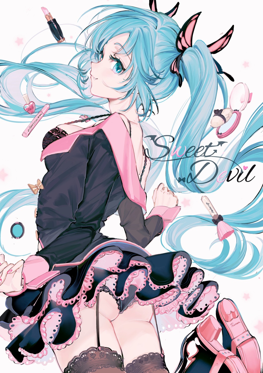 ass bra hatsune_miku heels open_shirt pantsu rumoon skirt_lift stockings thighhighs thong vocaloid