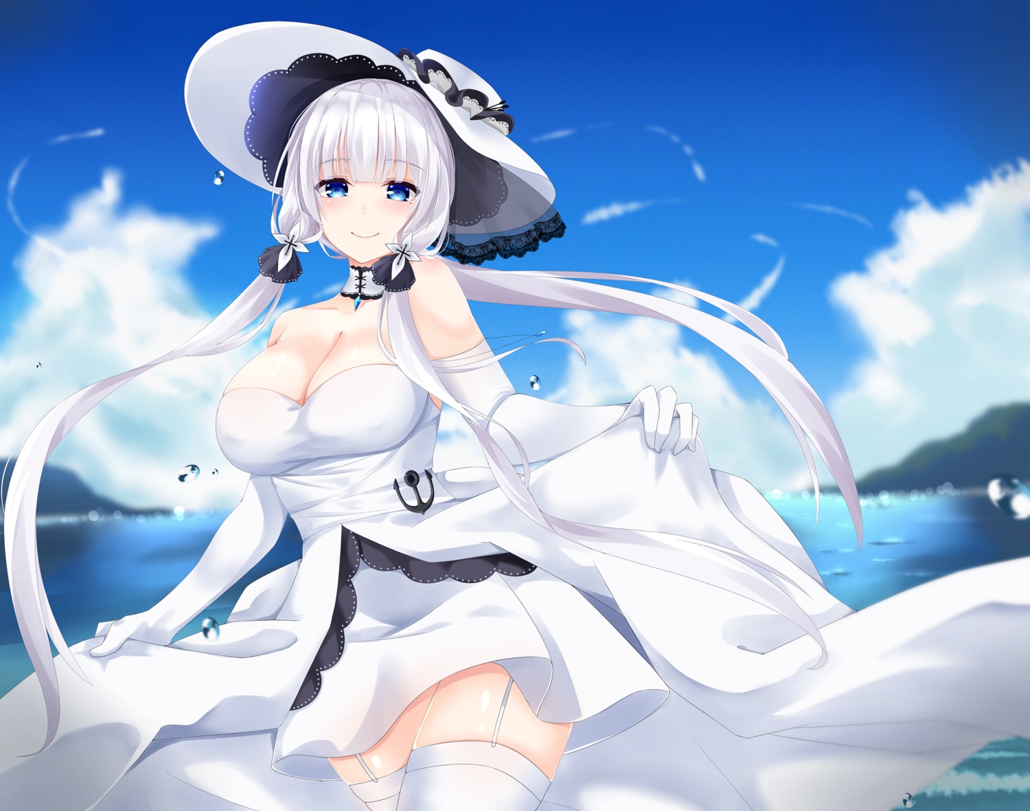 azur_lane cleavage dress illustrious_(azur_lane) skirt_lift stockings summer_dress surota thighhighs