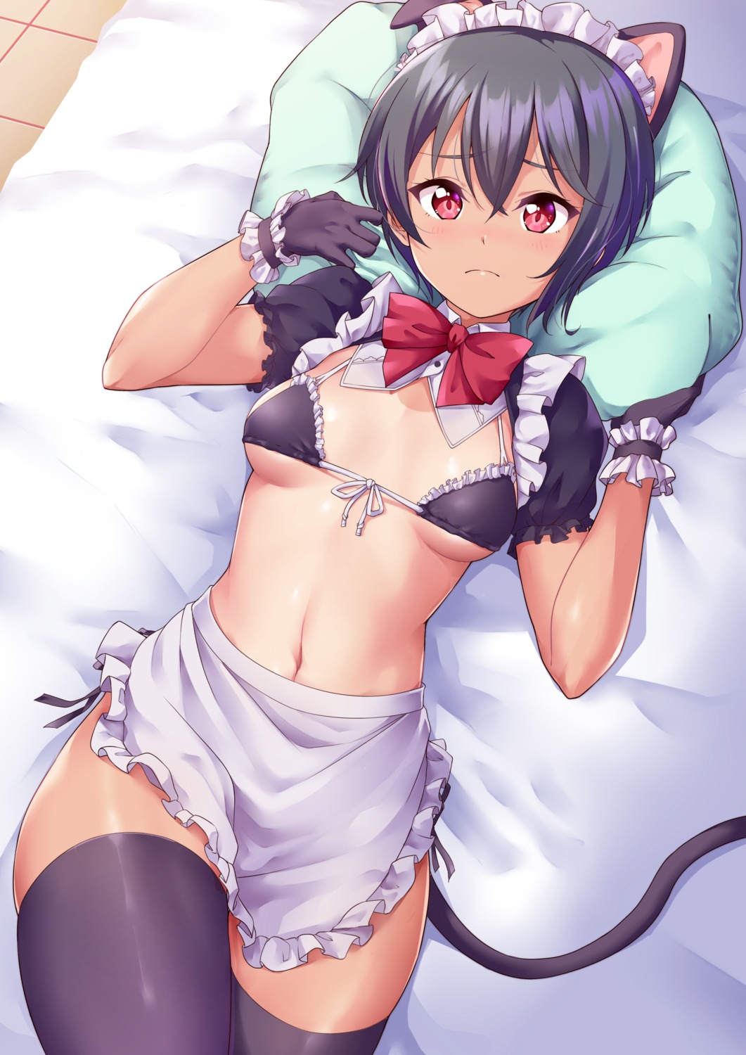 animal_ears bikini_top kanabun maid nekomimi skirt_lift swimsuits tail thighhighs