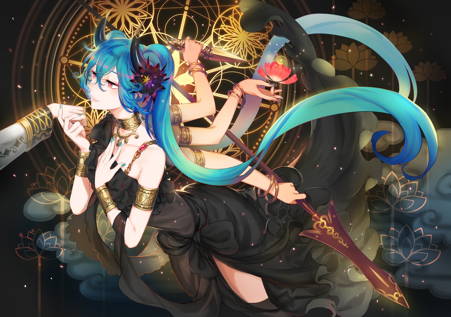 dress hatsune_miku horns thighhighs verus vocaloid weapon