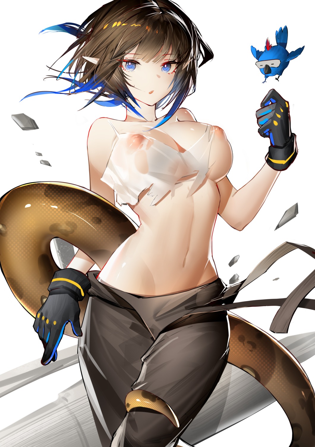 arknights eunectes_(arknights) gkd111 nipples no_bra pointy_ears see_through tail torn_clothes
