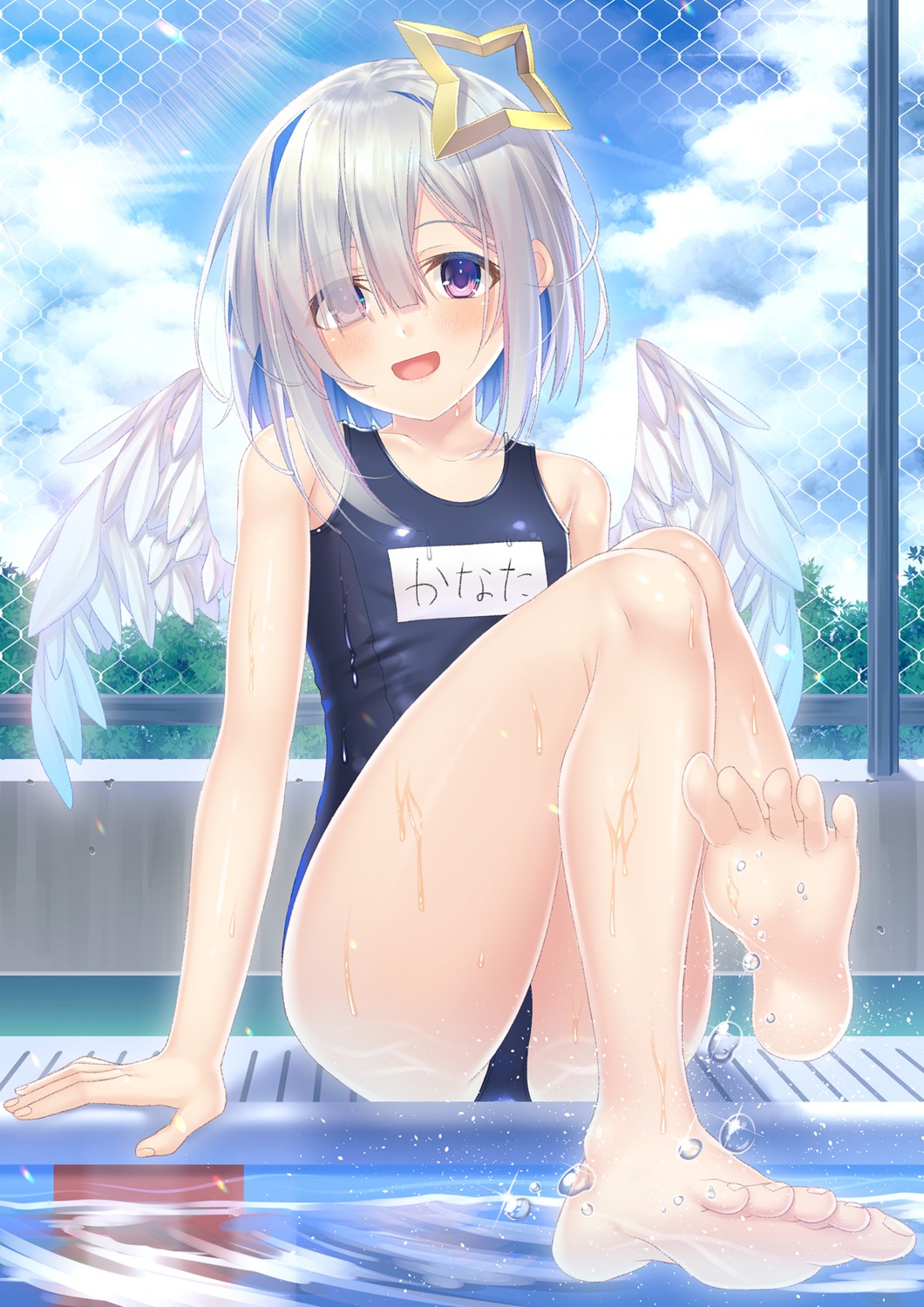 amane_kanata angel feet fuyu_urara hololive school_swimsuit swimsuits wet wings