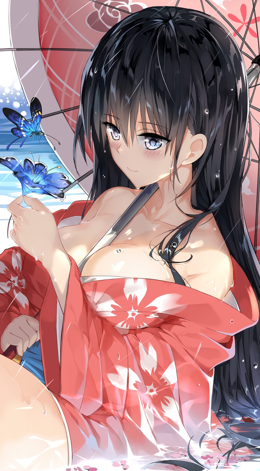 breast_hold cleavage nvzixueyuandenansheng open_shirt qinlan tameiki umbrella wet yukata