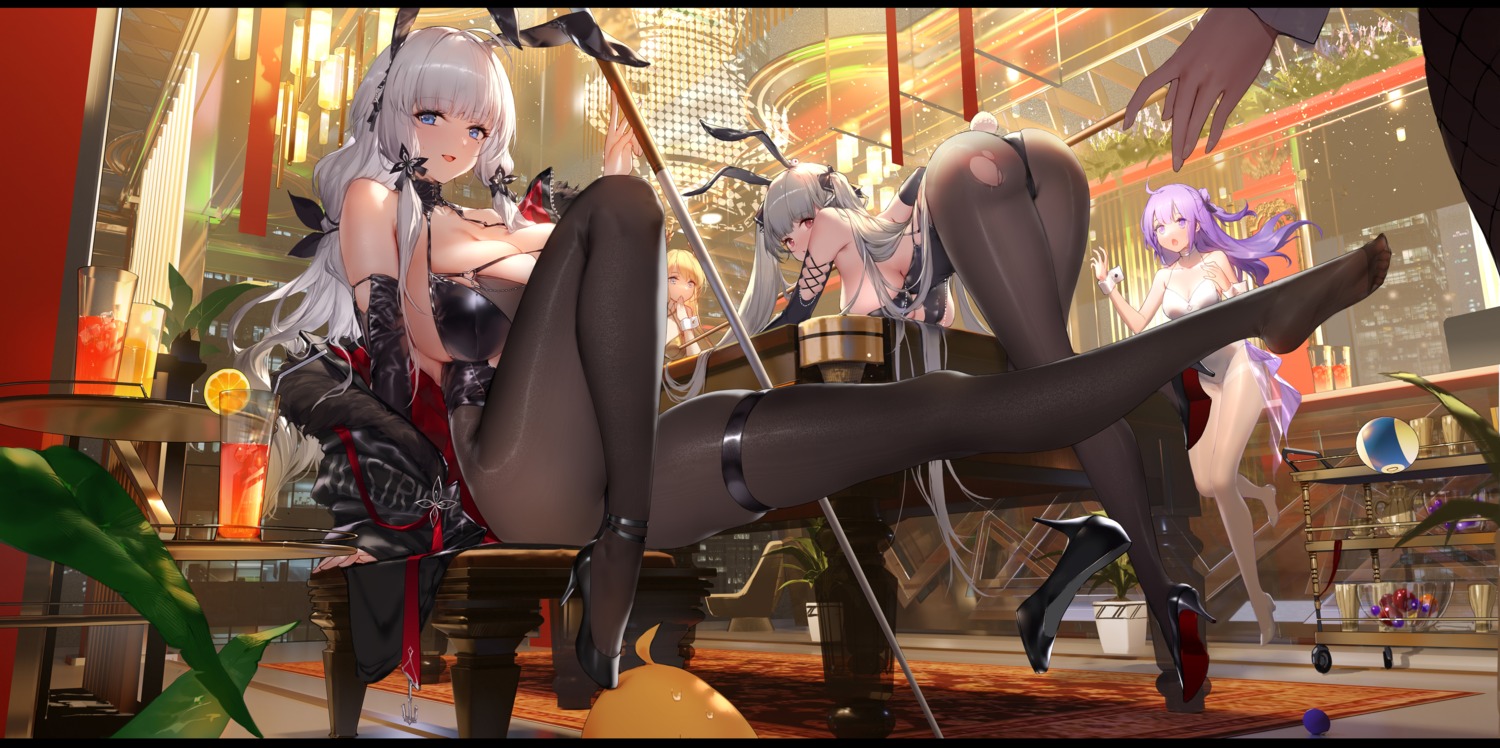 animal_ears ass azur_lane bunny_ears bunny_girl formidable_(azur_lane) garter heels illustrious_(azur_lane) manjuu_(azur_lane) no_bra pantyhose photoshop swd3e2 tail torn_clothes unicorn_(azur_lane) victorious_(azur_lane)