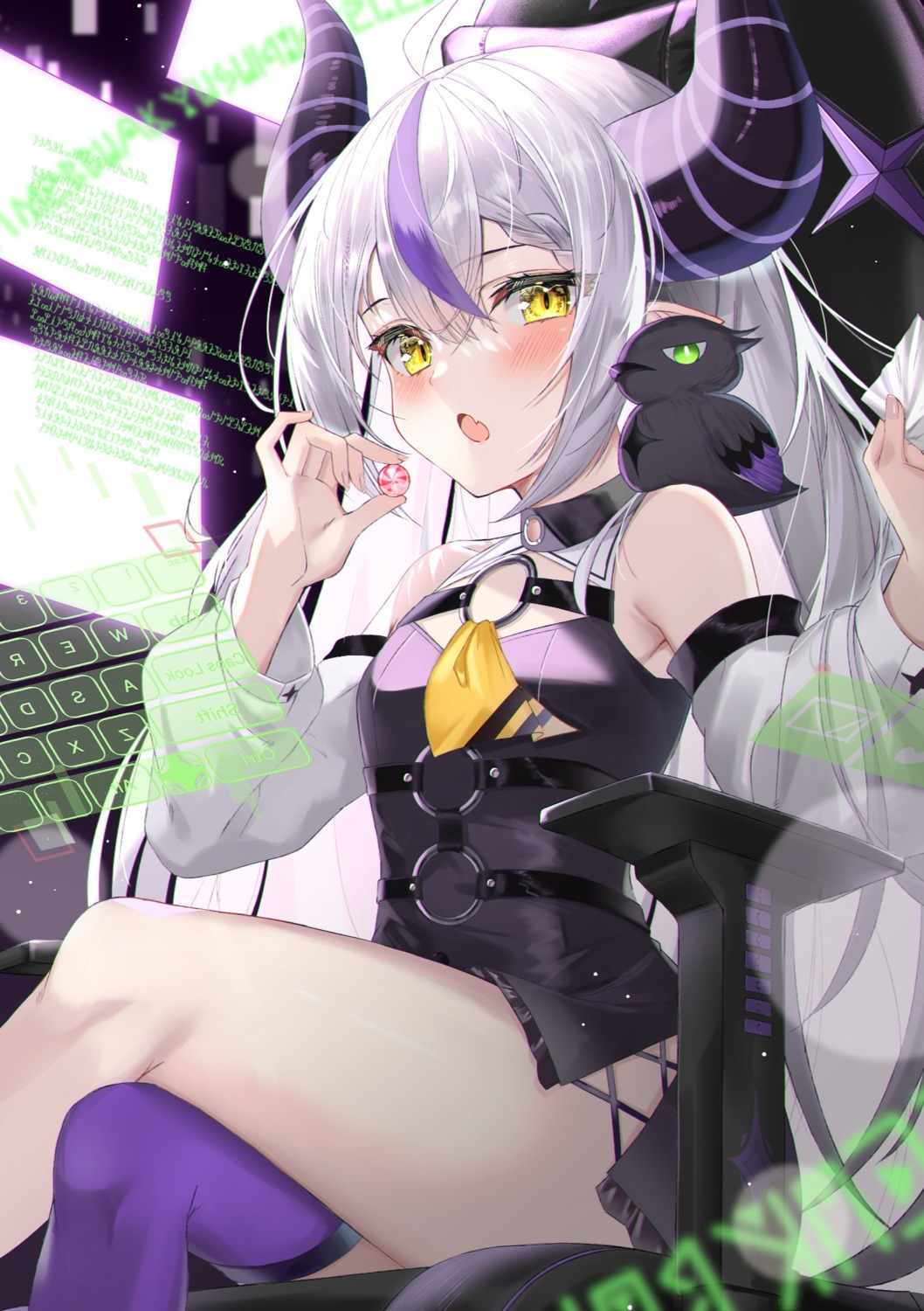 crow_(la+_darknesss) hololive horns la+_darknesss pointy_ears simito skirt_lift thighhighs
