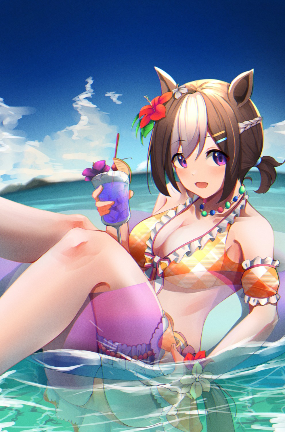 akinoji_(akiponpon27) animal_ears bikini cleavage garter skirt_lift special_week_(umamusume) swimsuits tail uma_musume_pretty_derby wet