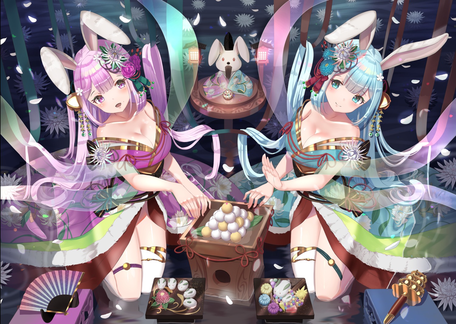 animal_ears bunny_ears cleavage garter japanese_clothes no_bra thighhighs wanderlucia wet