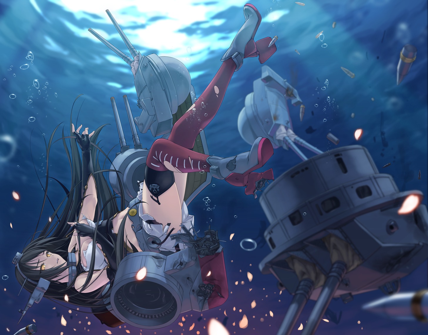 heels kantai_collection nagato_(kancolle) open_shirt rokuwata_tomoe thighhighs torn_clothes