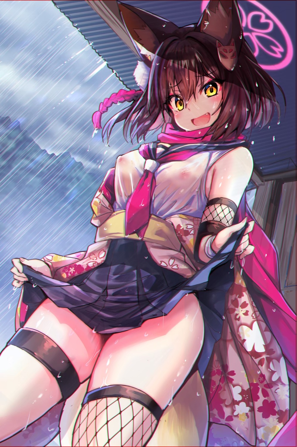 animal_ears blue_archive fishnets garter halo japanese_clothes kitsune kuda_izuna nipples no_bra see_through seifuku skirt_lift tail thighhighs wet wet_clothes wisespeak