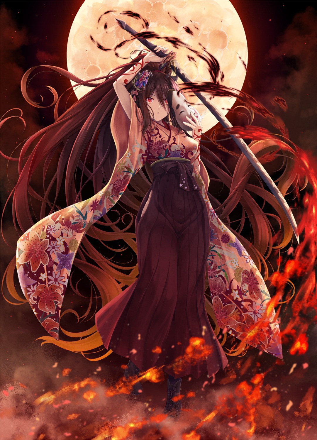 akashio heels horns japanese_clothes sword tattoo