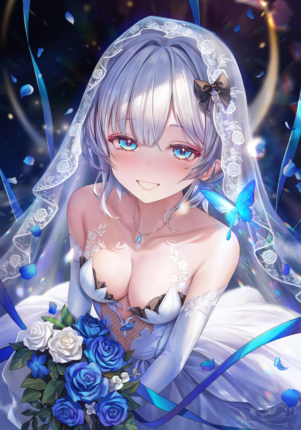 dress fishnets kaga_sumire lupinus_virtual_games no_bra vspo! wedding_dress yahiro_(heartseek000)