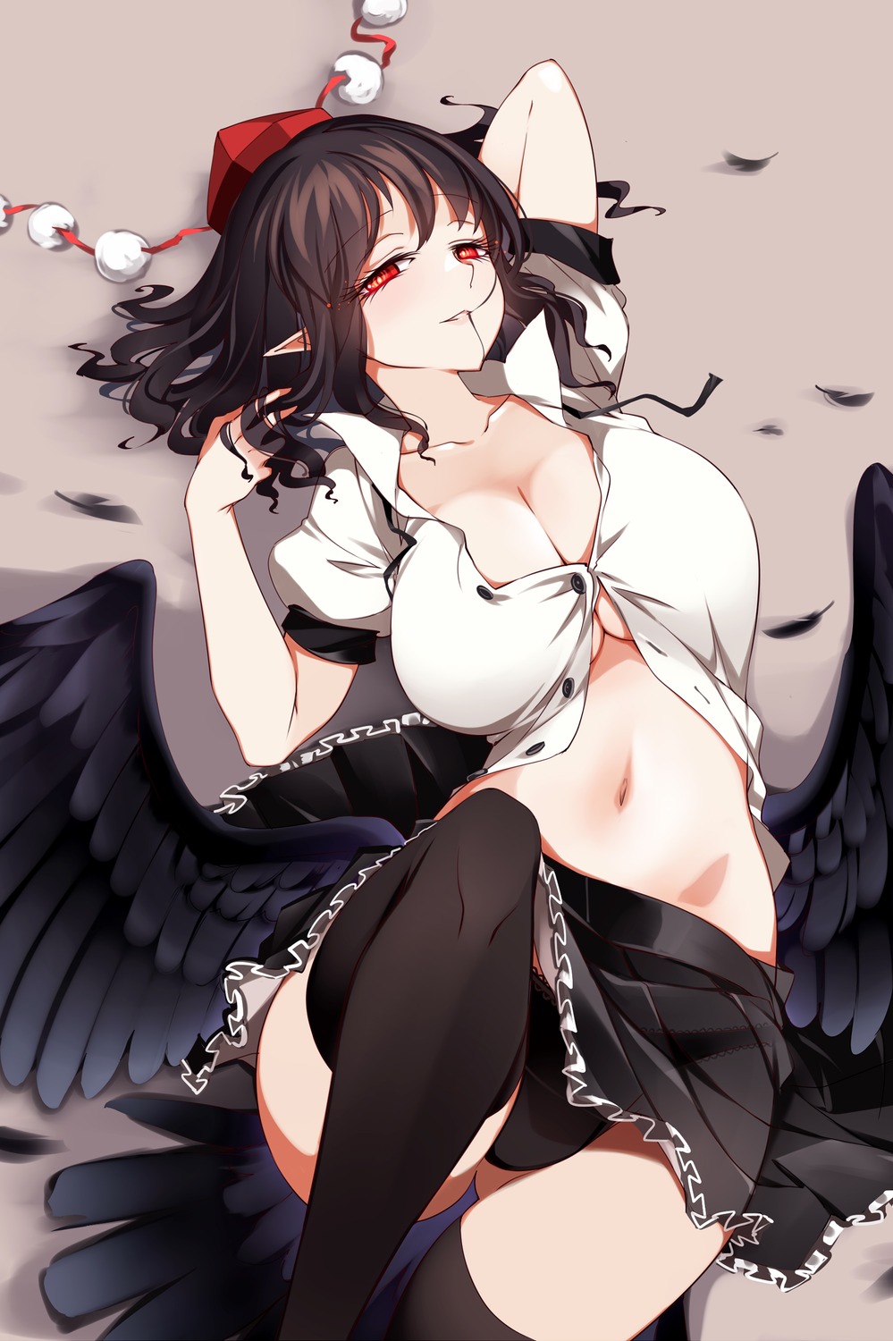 cleavage no_bra open_shirt pantsu pointy_ears raptor7 shameimaru_aya skirt_lift thighhighs touhou wings