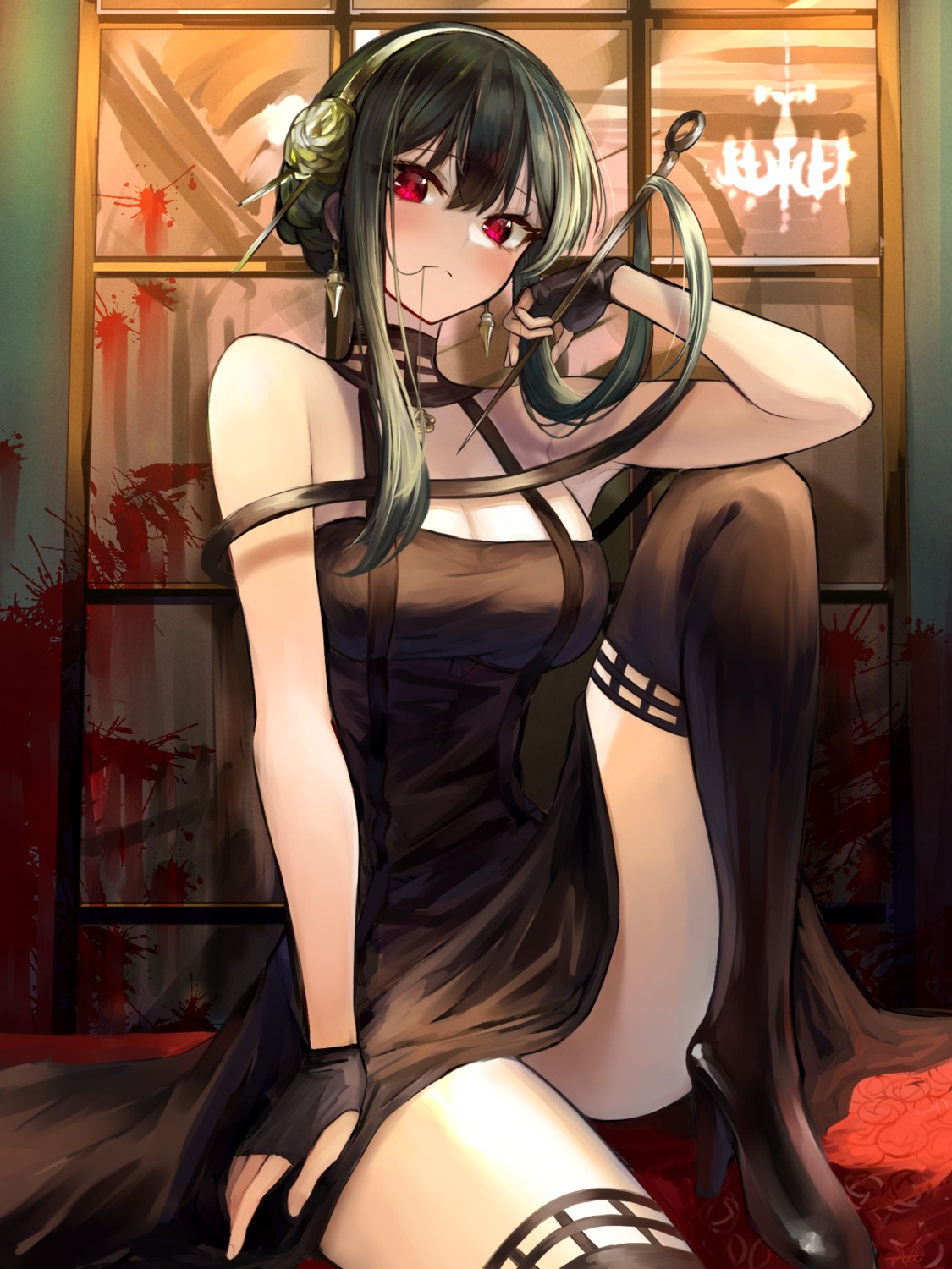 blood dress heels jazztaki no_bra skirt_lift spy_x_family thighhighs weapon yor_briar