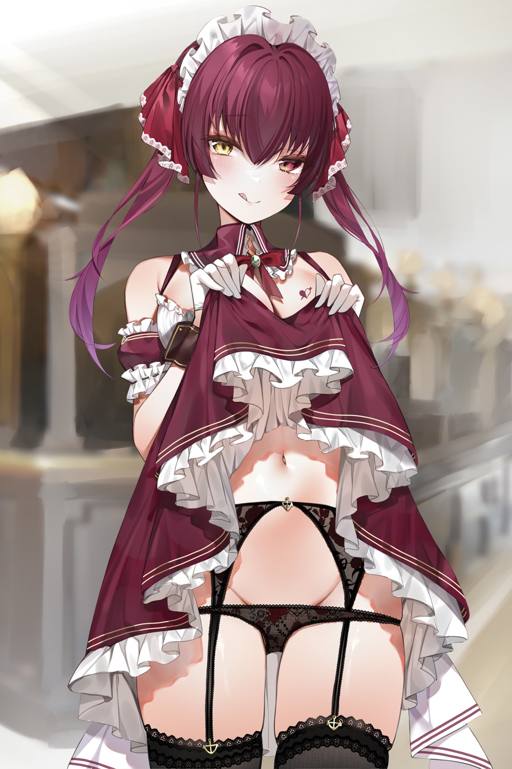 garter_belt heterochromia hololive houshou_marine maid pantsu panty_pull skirt_lift stockings thighhighs yukineko1018