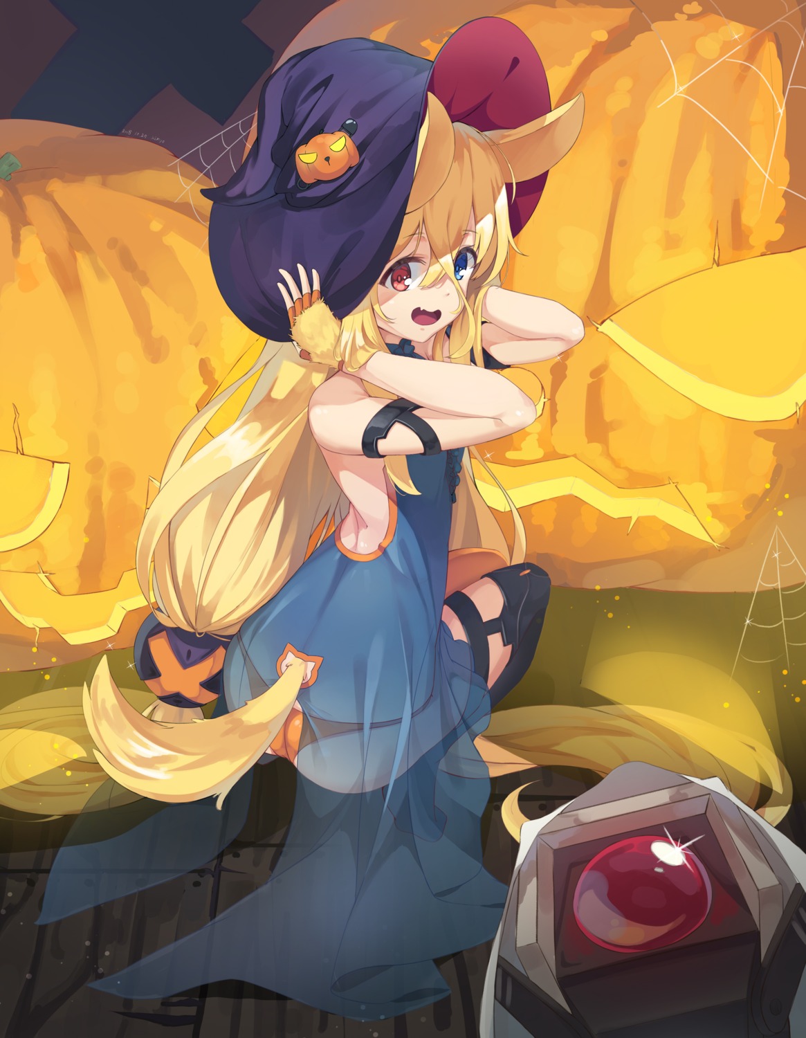 animal_ears ass dress garter halloween heterochromia kimyo no_bra pantsu see_through stockings tail thighhighs witch