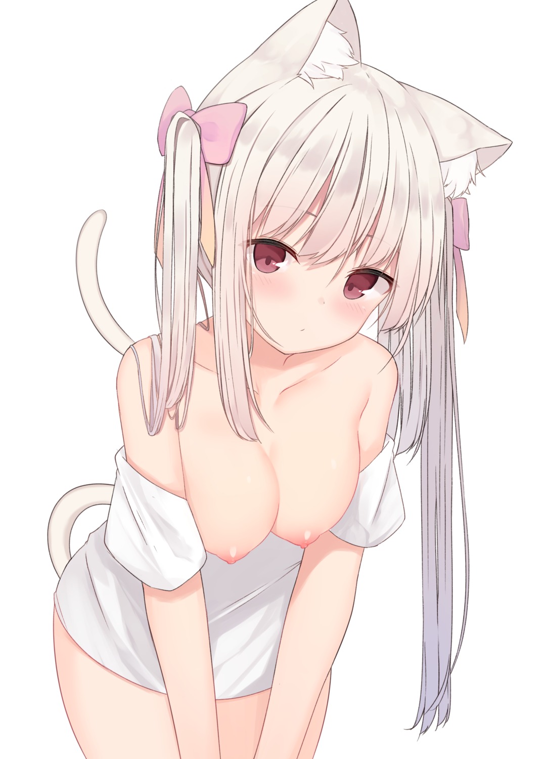 animal_ears breasts memekko nekomimi nipples no_bra open_shirt tail