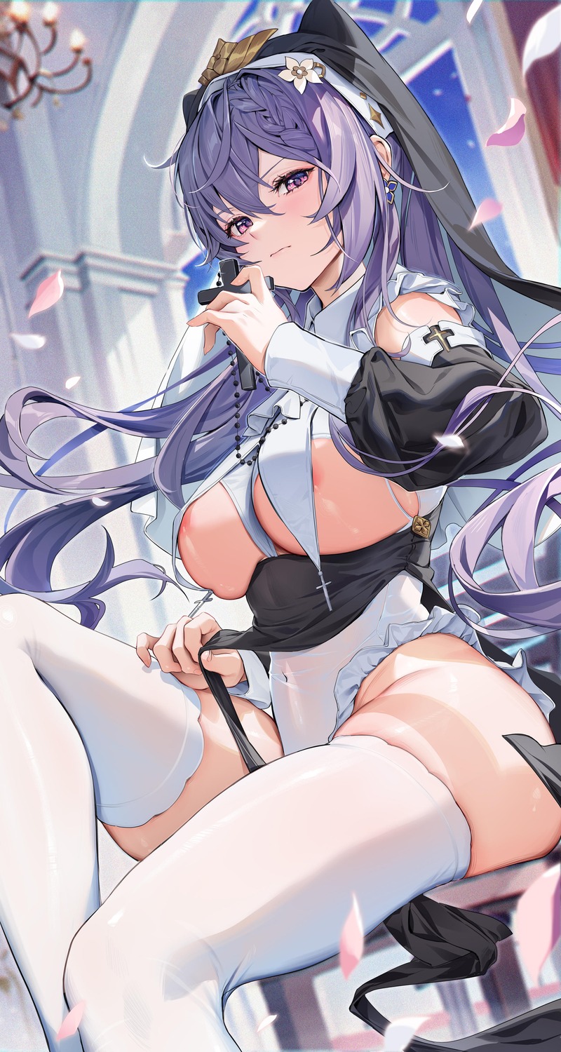 areola erect_nipples genshin_impact houkisei keqing no_bra nun see_through thighhighs