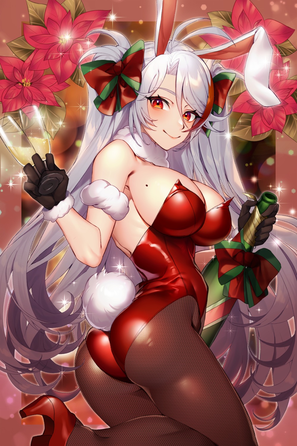 animal_ears azur_lane bunny_ears bunny_girl christmas fishnets heels mimiko_(fuji_310) no_bra pantyhose prinz_eugen_(azur_lane) tail