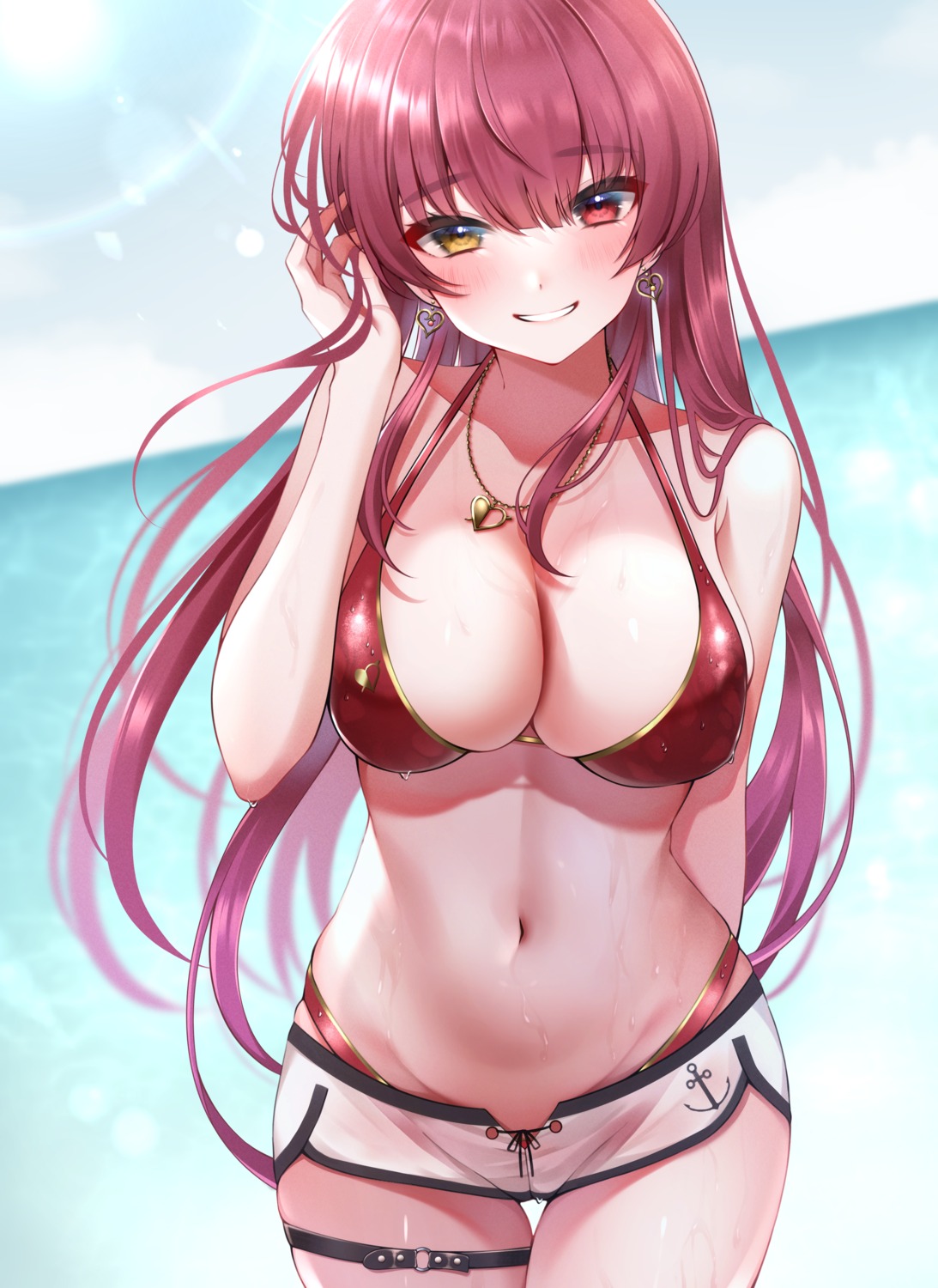 bikini garter heterochromia hololive houshou_marine namagome_negi see_through swimsuits