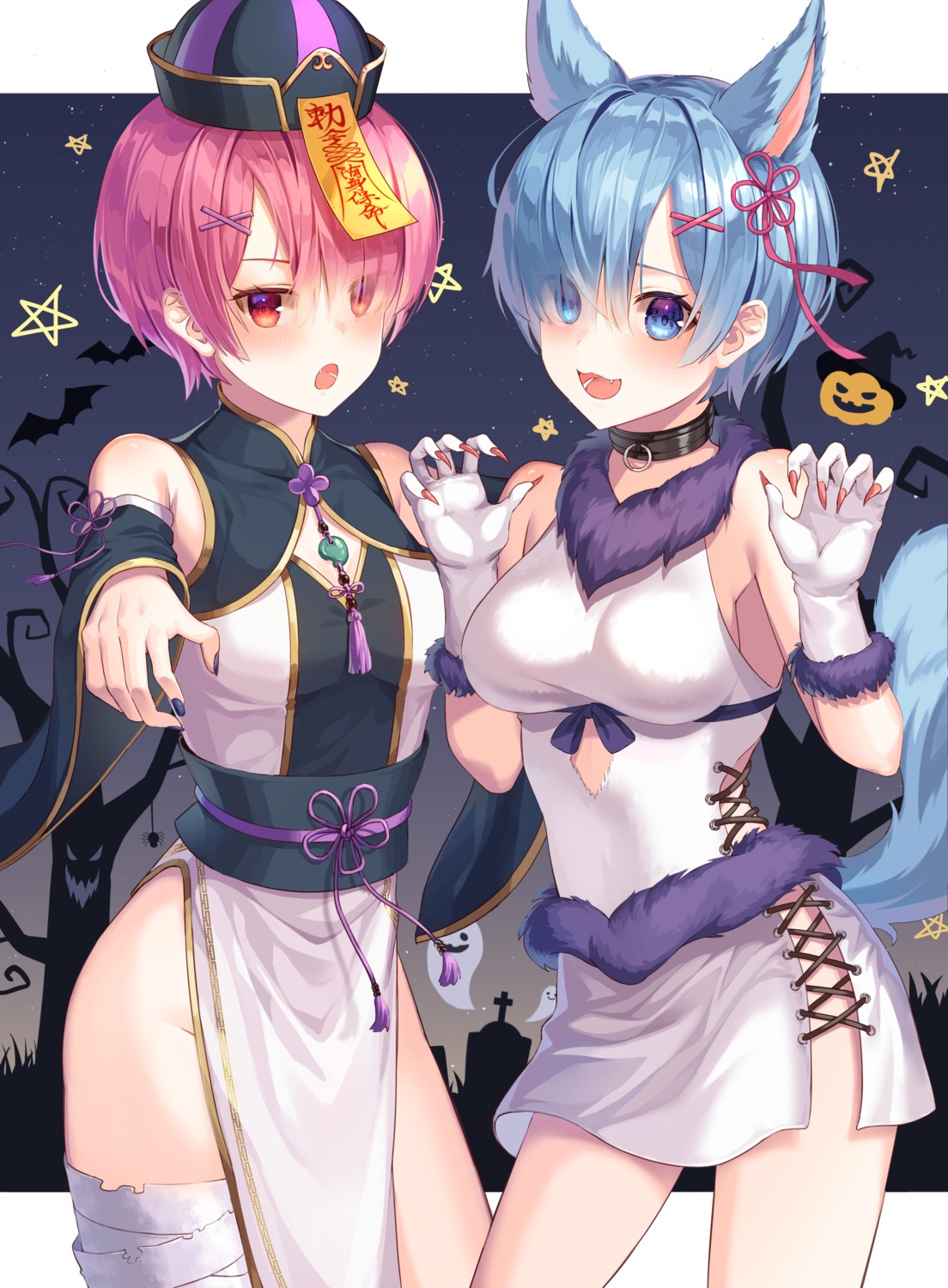 animal_ears asian_clothes bandages halloween ram_(re_zero) re_zero_kara_hajimeru_isekai_seikatsu rem_(re_zero) ssalgolae