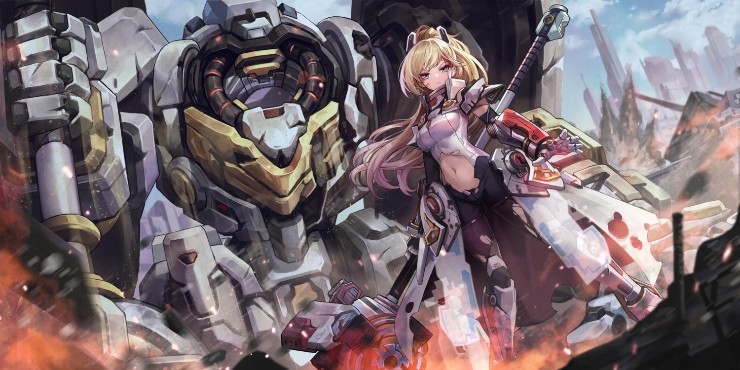 armor blood final_gear horns margaret_(final_gear) mecha mecha_musume tagme torn_clothes weapon