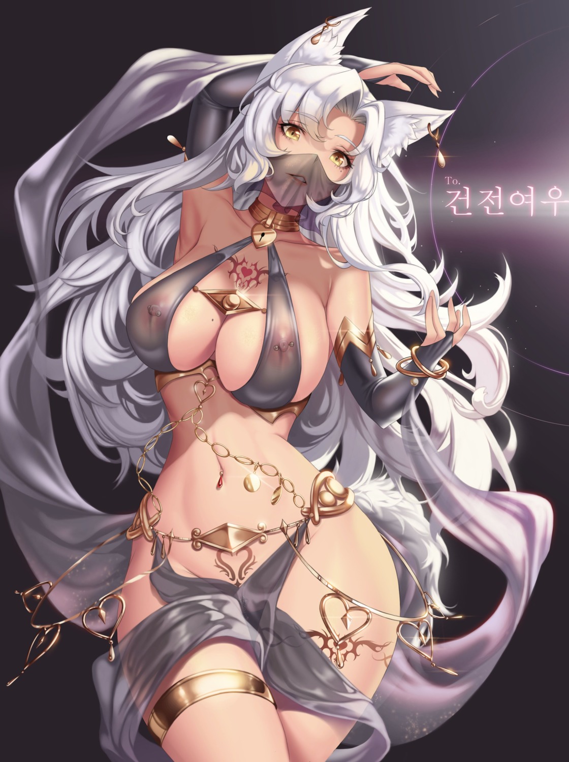 animal_ears eun_soyeon_(lustyfox) garter kitsune mad_kimo nipples no_bra nopan see_through tail tattoo