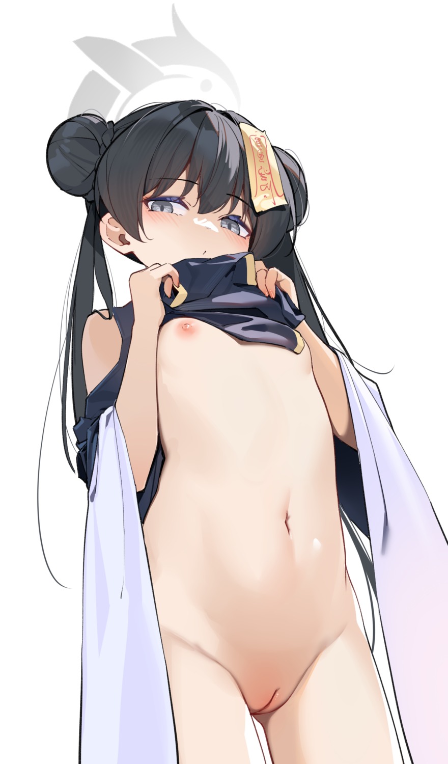 blue_archive bottomless breasts halo loli nipples no_bra painterliuhao pussy ryuuge_kisaki shirt_lift uncensored