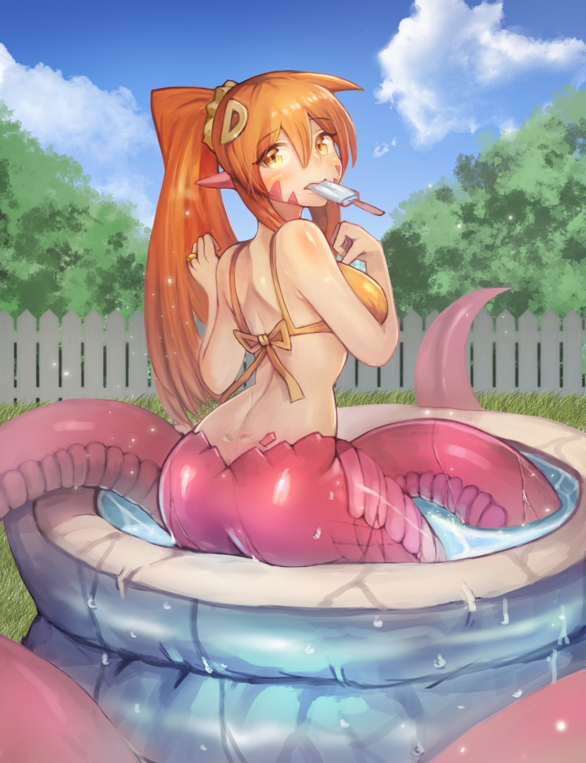 ass bikini_top breast_hold miia_(monster_musume) monster_girl monster_musume_no_iru_nichijou pointy_ears sookmo swimsuits tail wet