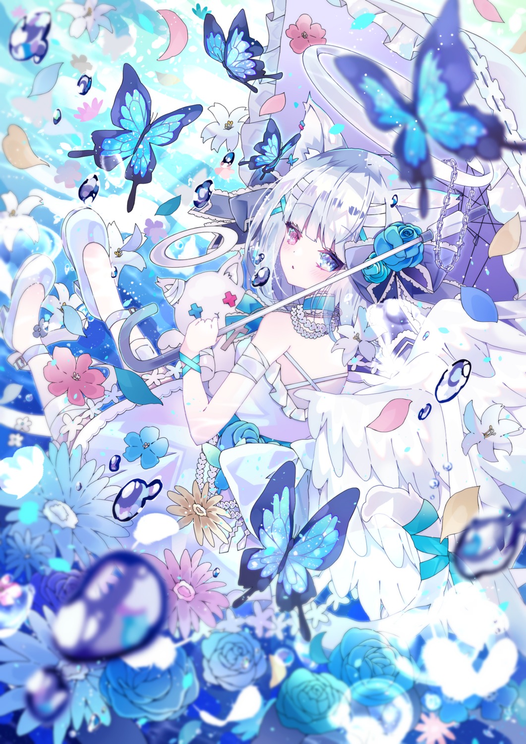 angel animal_ears bandages heels heterochromia neko nekomimi no_bra umbrella wings yuzuki_yugina08